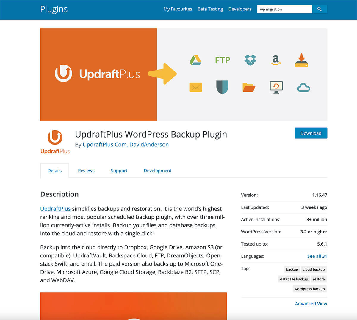 best wordpress plugins to use when starting a blog - updraft-plus